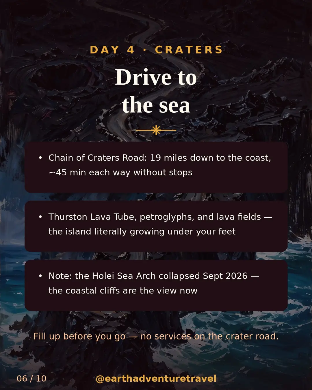 Day 4 itinerary slide: Chain of Craters Road to the coast
