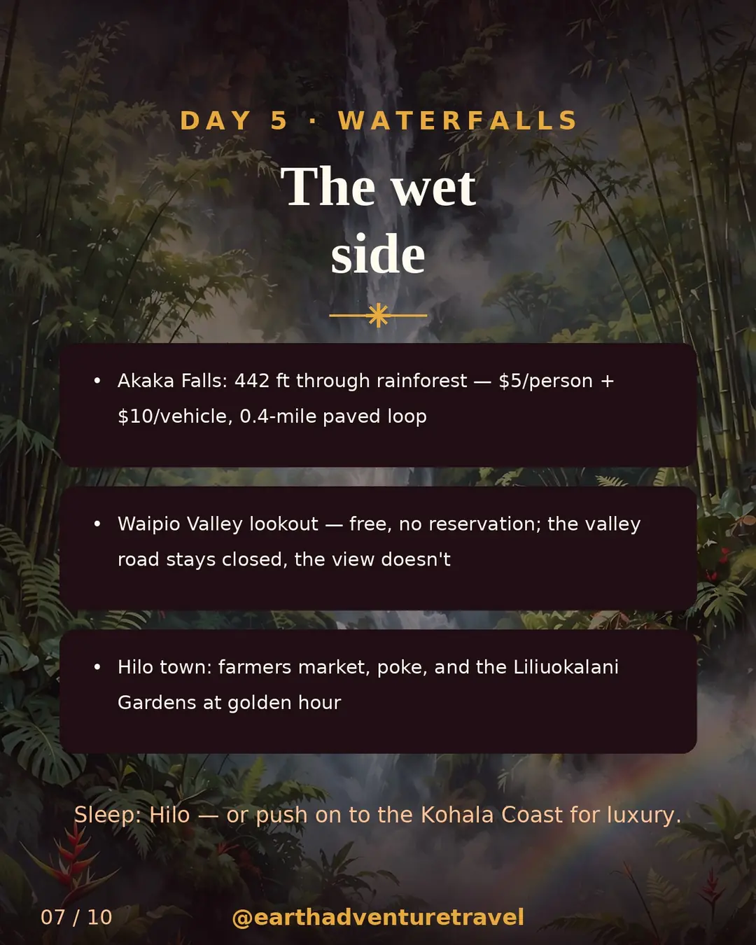 Day 5 itinerary slide: Akaka Falls, Waipio Valley lookout, Hilo