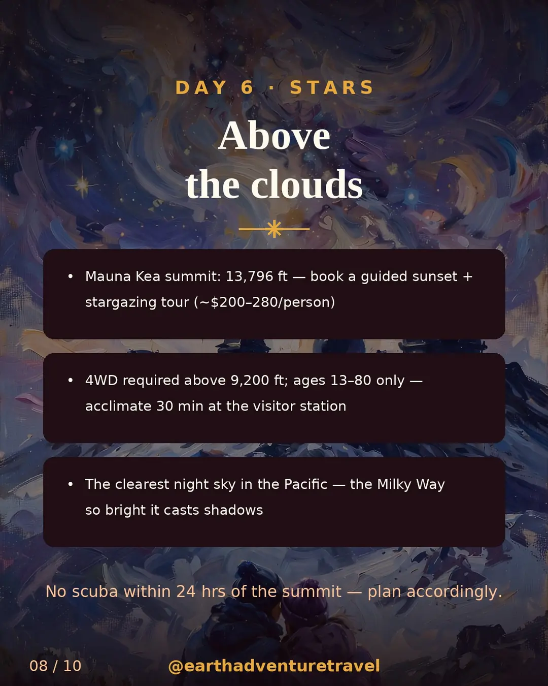 Day 6 itinerary slide: Mauna Kea summit sunset and stargazing