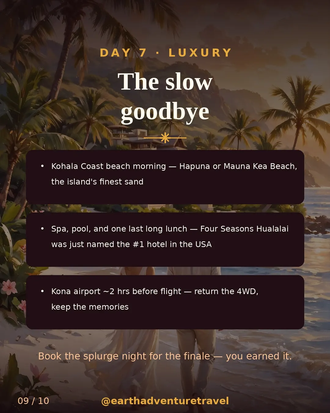 Day 7 itinerary slide: Kohala Coast beach day and departure