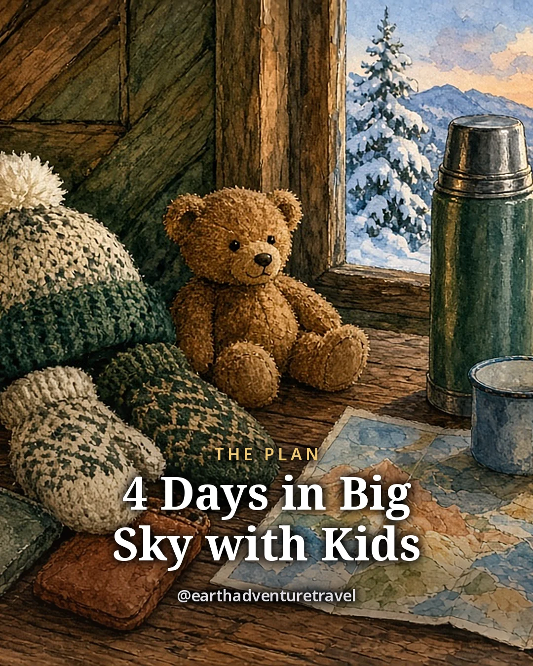 Illustration: a knit hat, wool mittens, a teddy bear, a green thermos and a folded trail map on a wooden window seat, with snowy pines and a peak outside, original illustrated plan card for 4 days in Big Sky