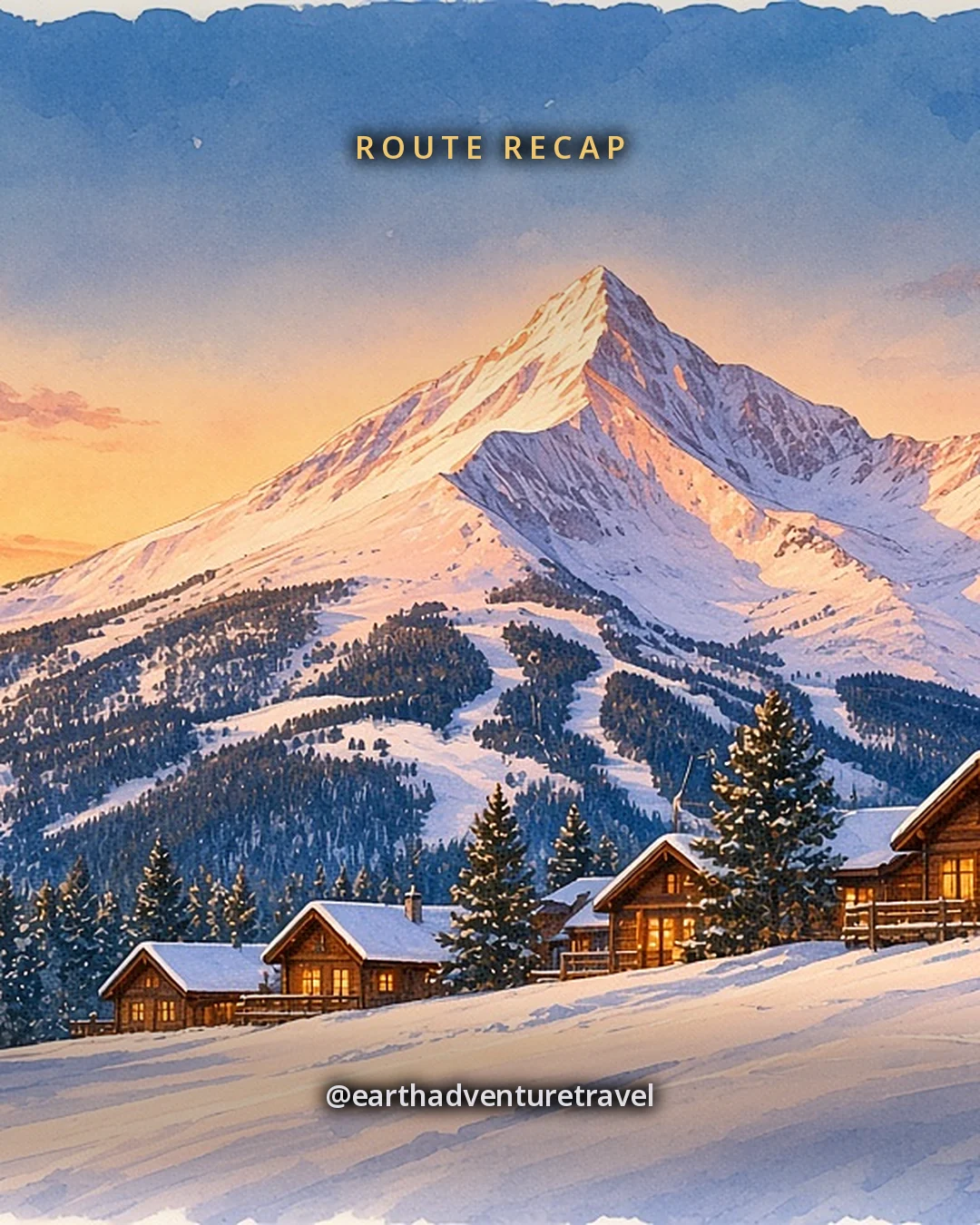 Illustration: the snowy pyramid of Lone Peak glowing pink at dusk above dark pines and a row of timber lodges with warm lit windows, original illustrated recap card
