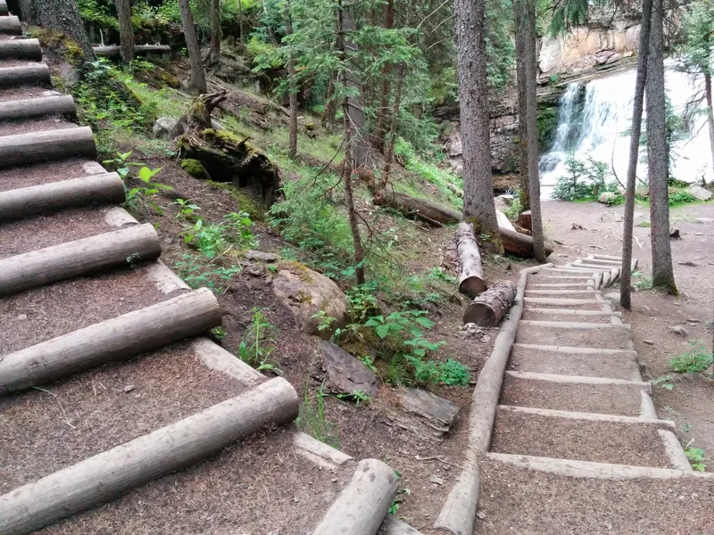 Wooden steps leading down a forested slope on the Ousel Falls trail, with the falls visible through the trees