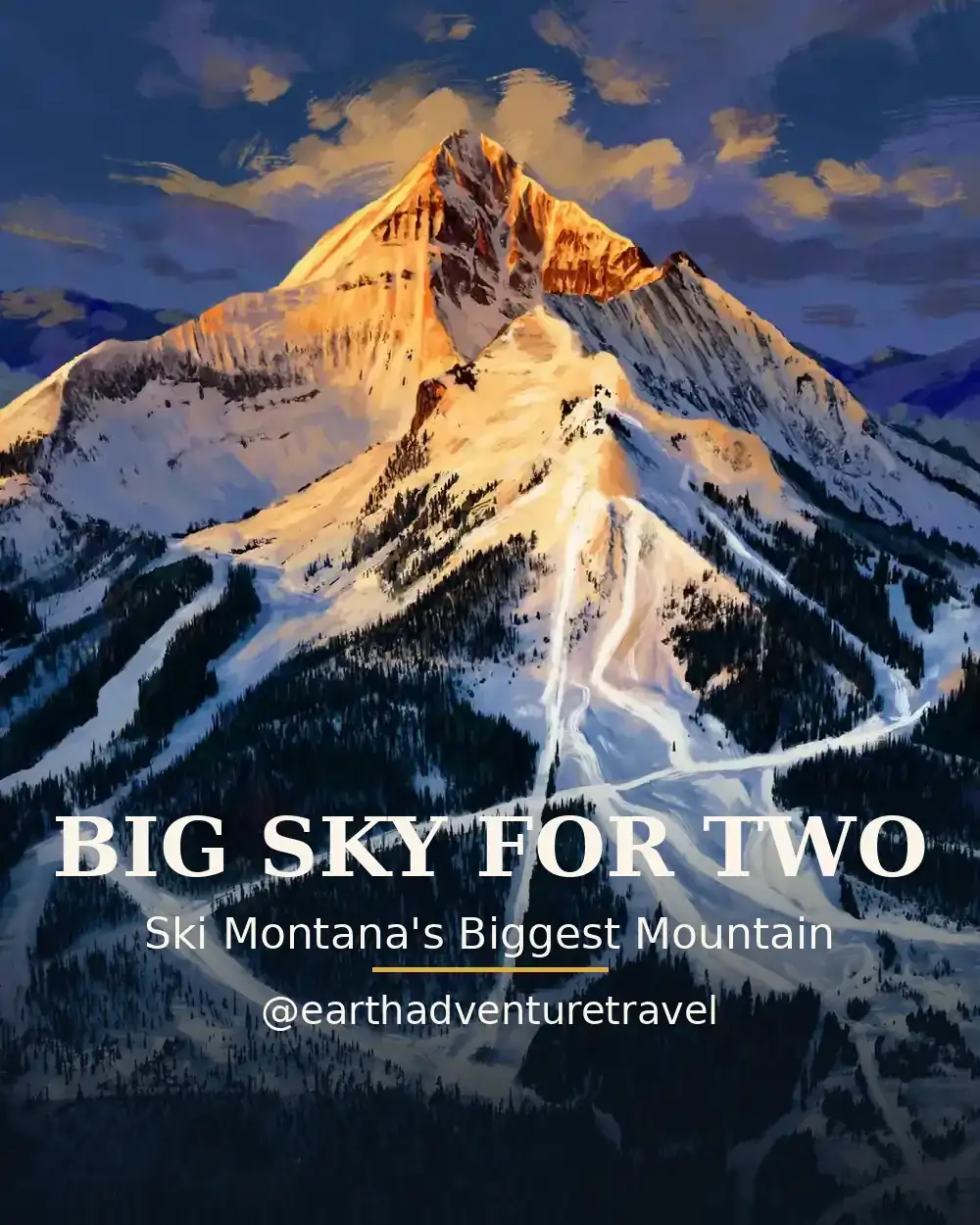 Illustrated Big Sky couples guide cover: Lone Peak glowing at alpenglow above the resort
