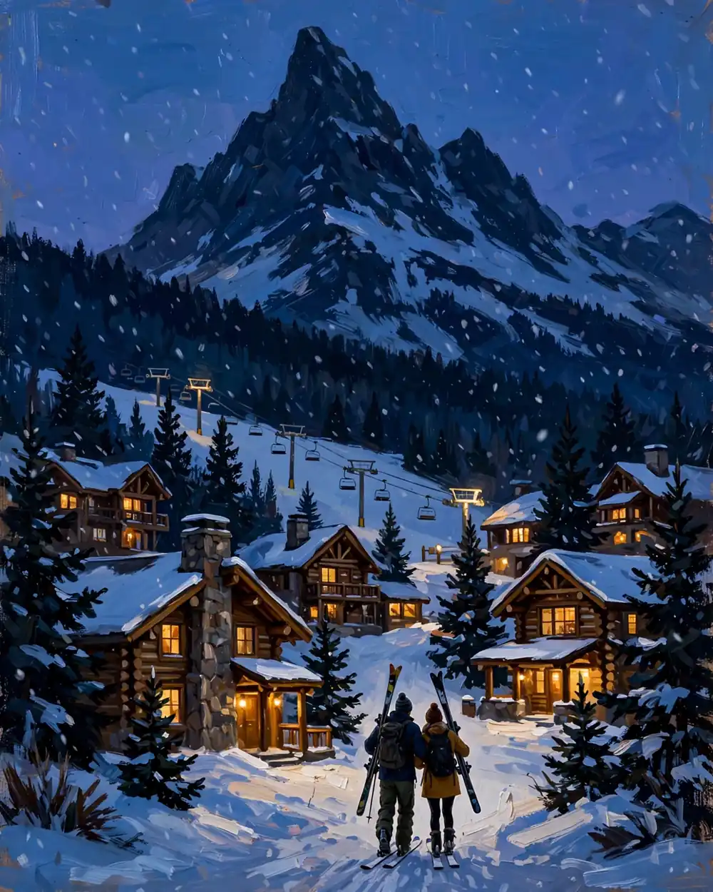 Day 1 graphic: Big Sky Mountain Village at blue hour with Lone Peak behind