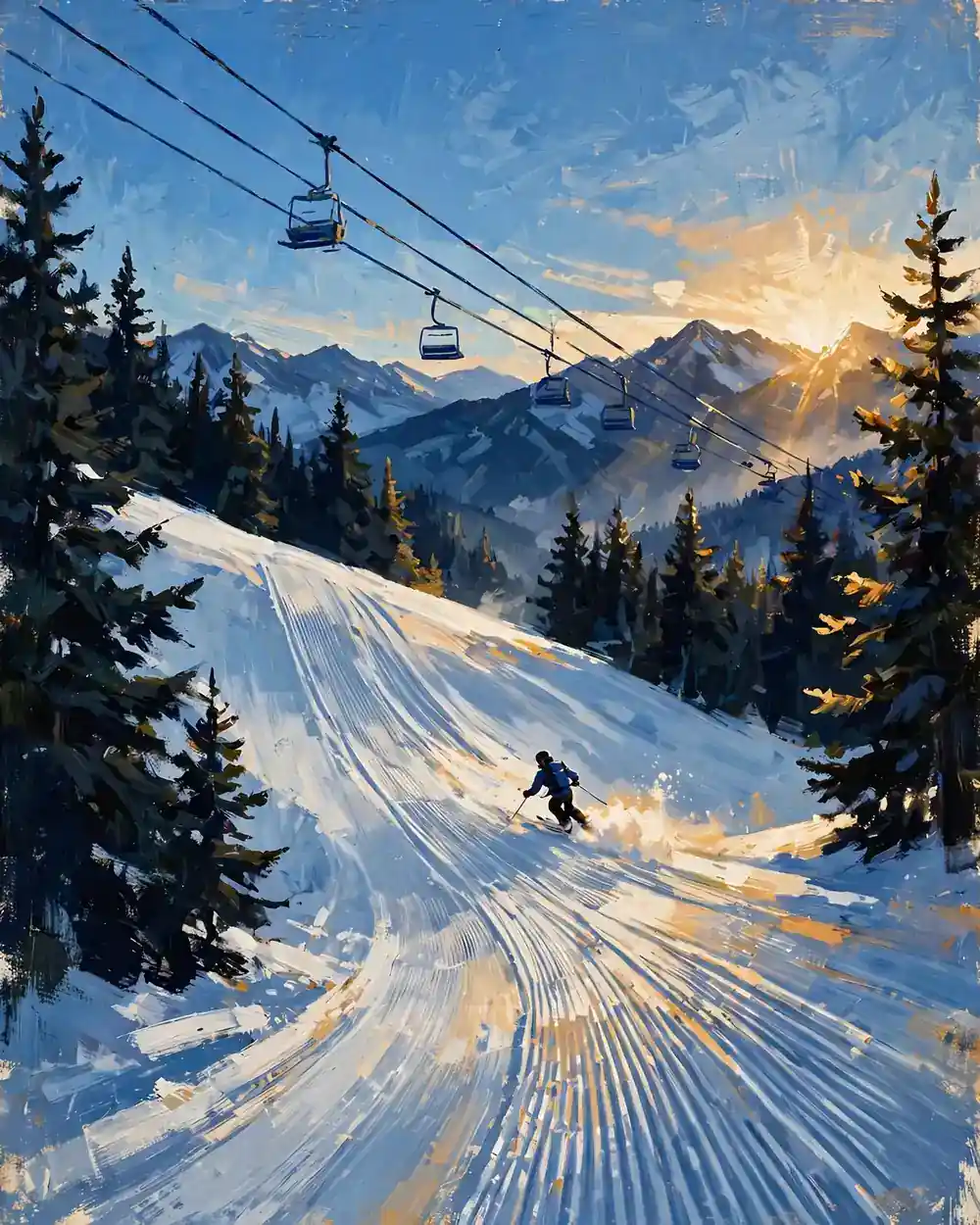 Day 2 graphic: first tracks on Andesite Mountain at morning