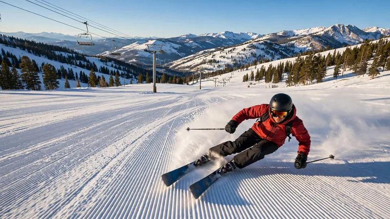 A skier carving fresh corduroy on a Big Sky groomer