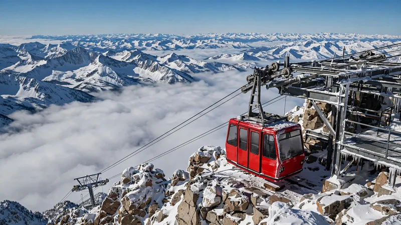 The Lone Peak Tram cabin arriving at the 11,166-foot summit