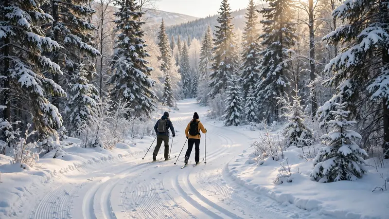 Cross-country skiers on a groomed Nordic trail in a Montana spruce forest