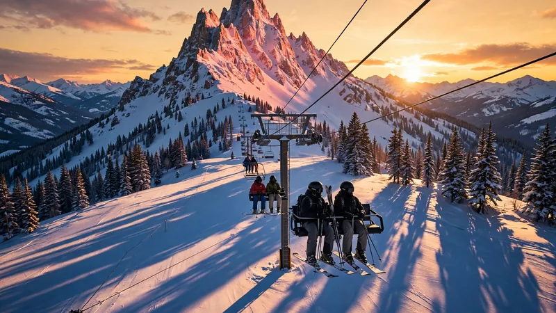 Chairlift at sunset with alpenglow on Lone Peak