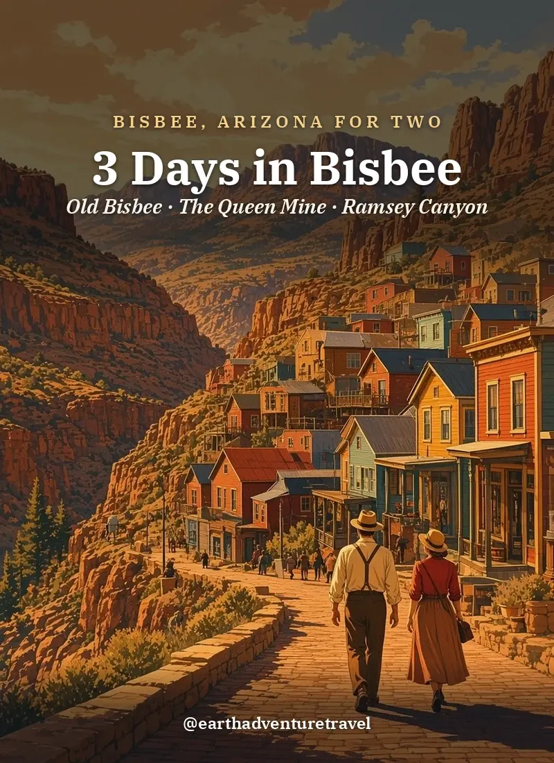 Original Illustration: a couple walking a brick street below the hillside houses of Bisbee