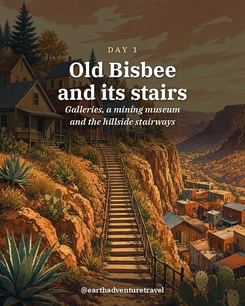 Illustrated day card: Galleries, a mining museum and the hillside stairways