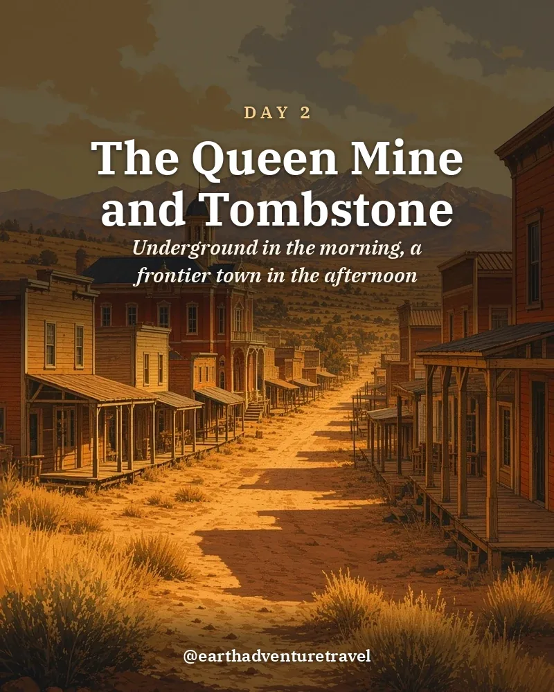 Illustrated day card: Underground in the morning, a frontier town in the afternoon