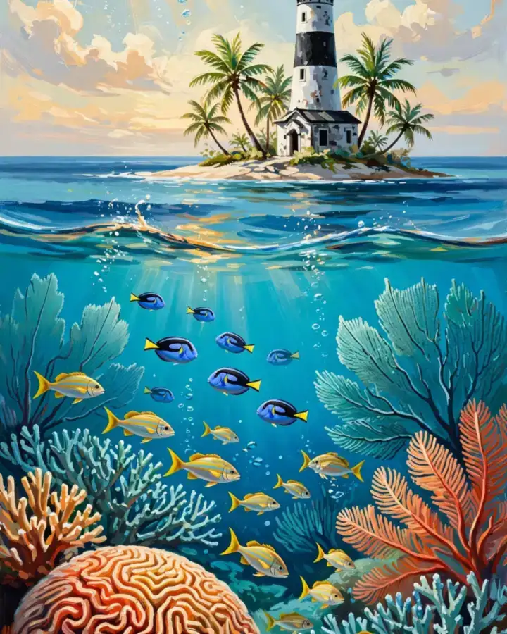Illustrated Biscayne family guide cover: the Boca Chita lighthouse rising over a coral reef with tropical fish