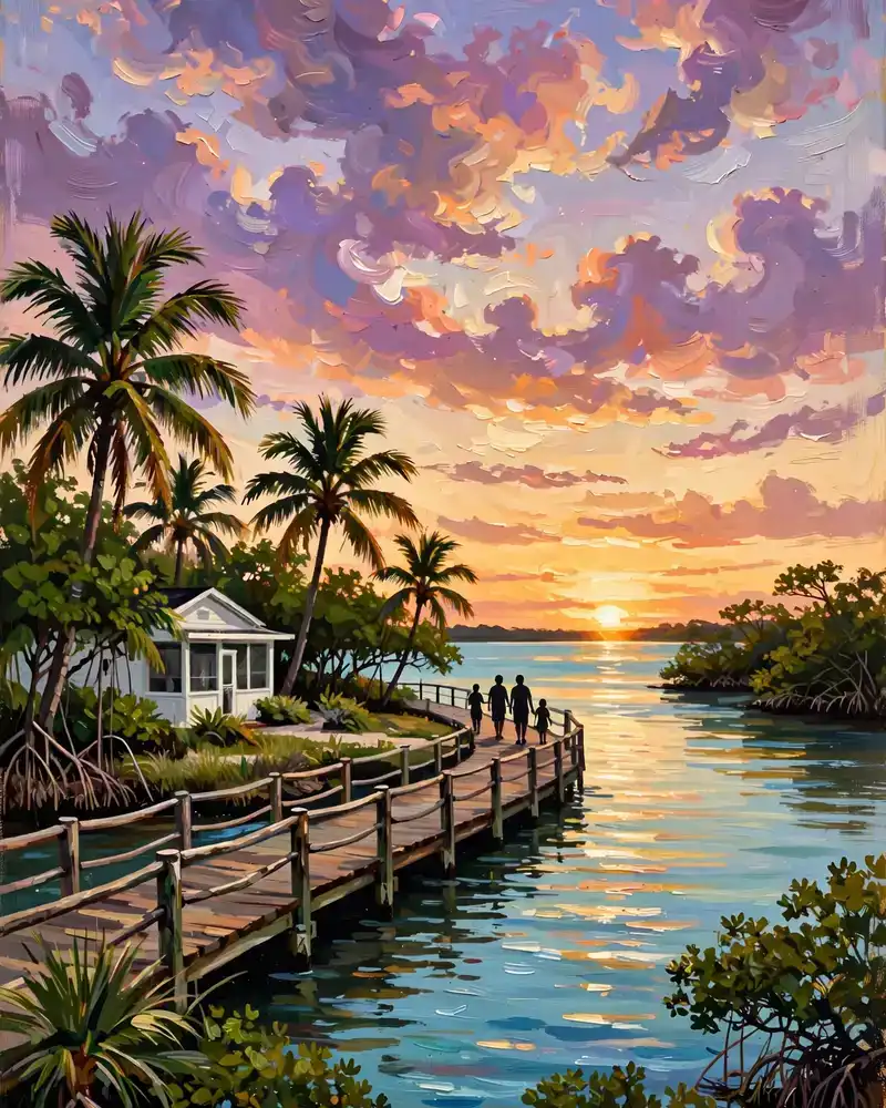 Day 1 graphic: the Convoy Point boardwalk at sunset over Biscayne Bay