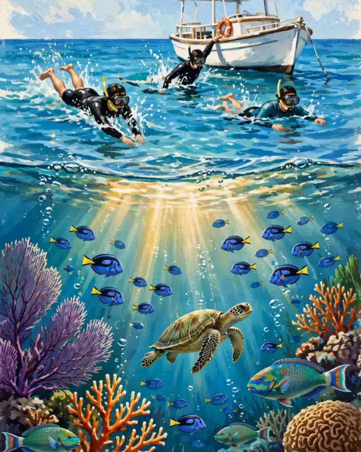 Day 2 graphic: snorkelers over a coral reef from the tour boat