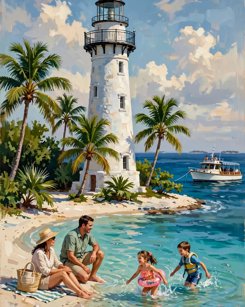 Day 3 graphic: the Boca Chita lighthouse above a family swimming cove
