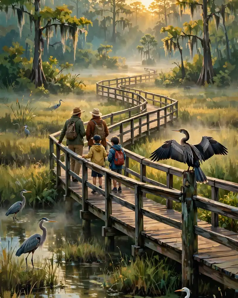 Day 4 graphic: the Anhinga Trail boardwalk at sunrise with alligators and herons