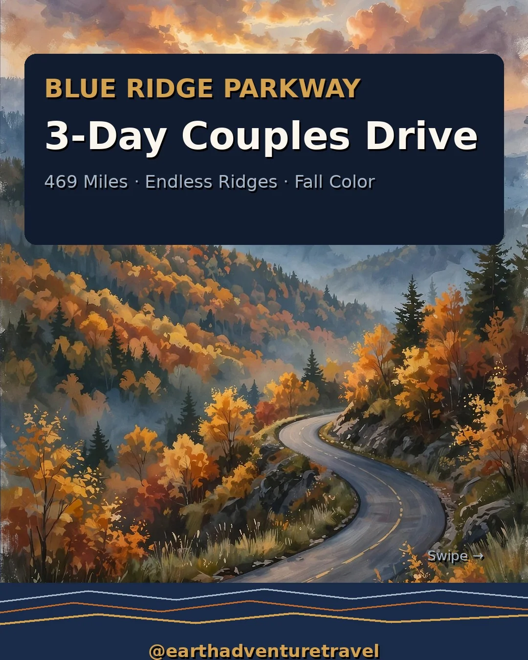 Illustrated Blue Ridge Parkway winding through fall-colored mountains at dusk