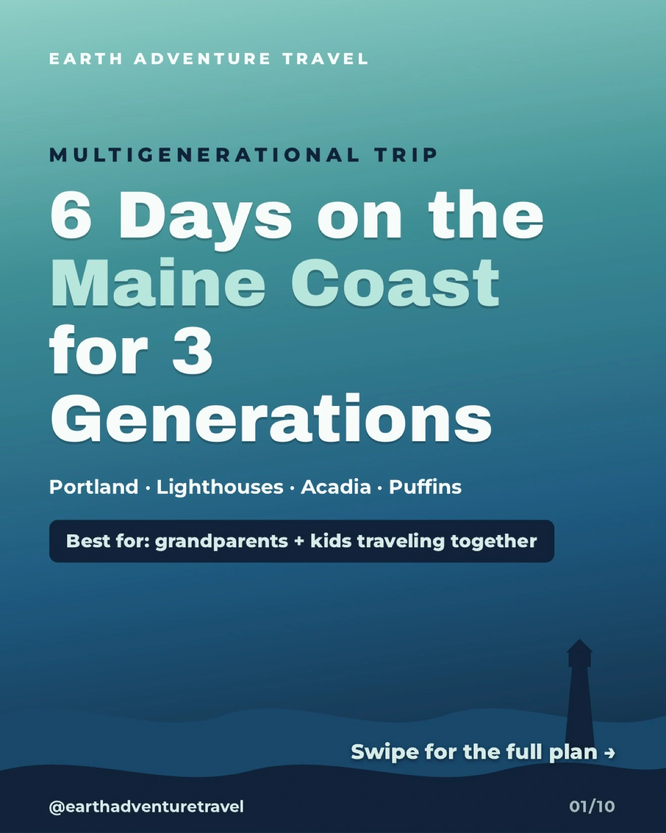 Illustrated multigenerational family on Maine’s rocky coast near a lighthouse