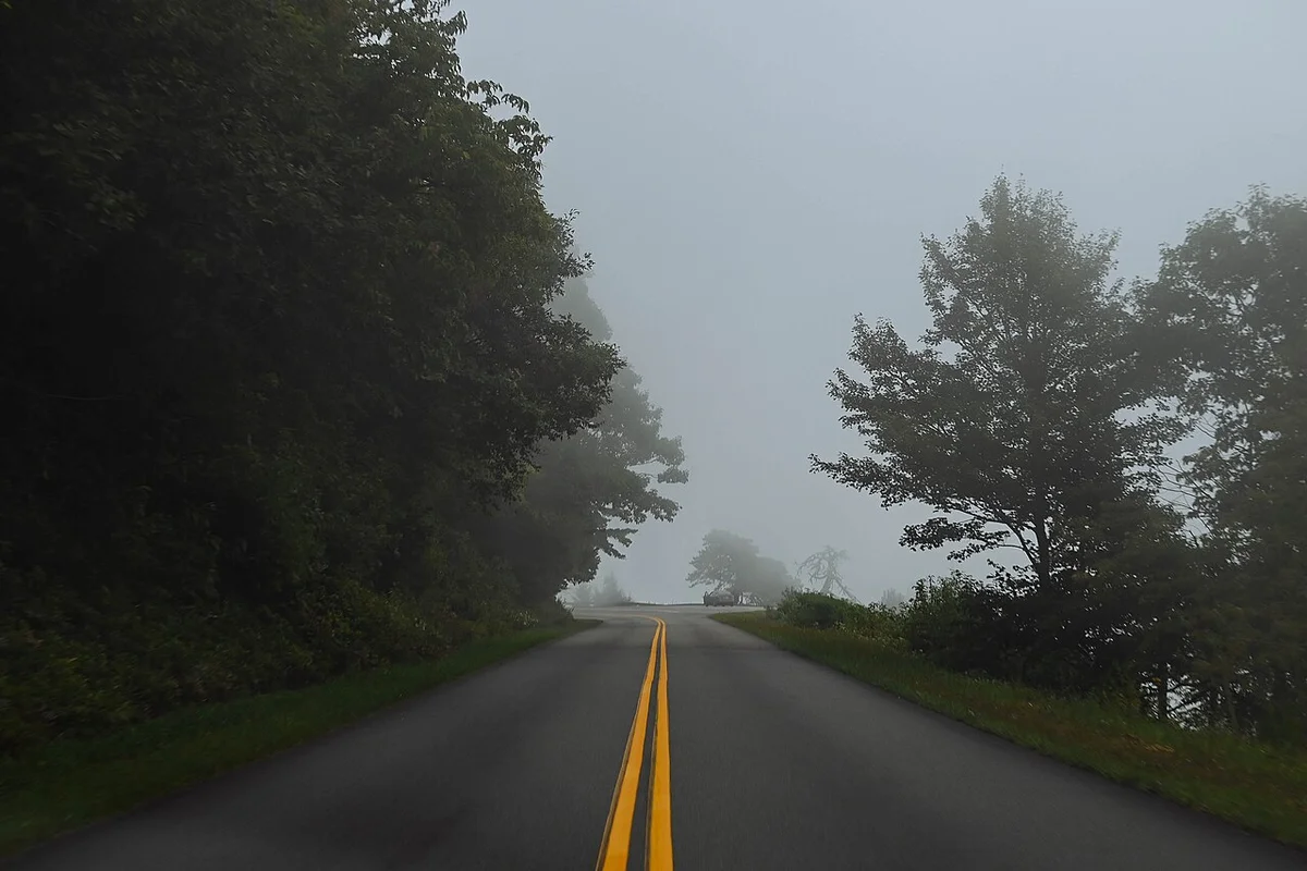 Blue Ridge Parkway in fog, Yancey County North Carolina