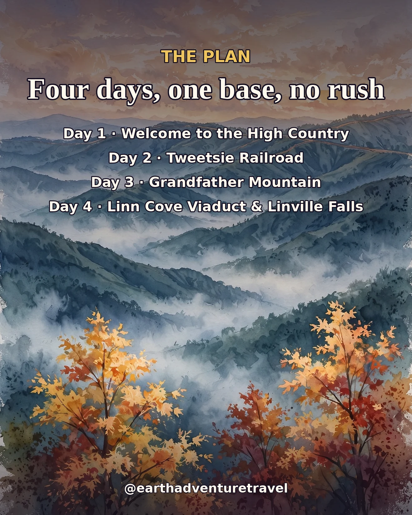 Boone family trip-plan graphic: the four-day route at a glance