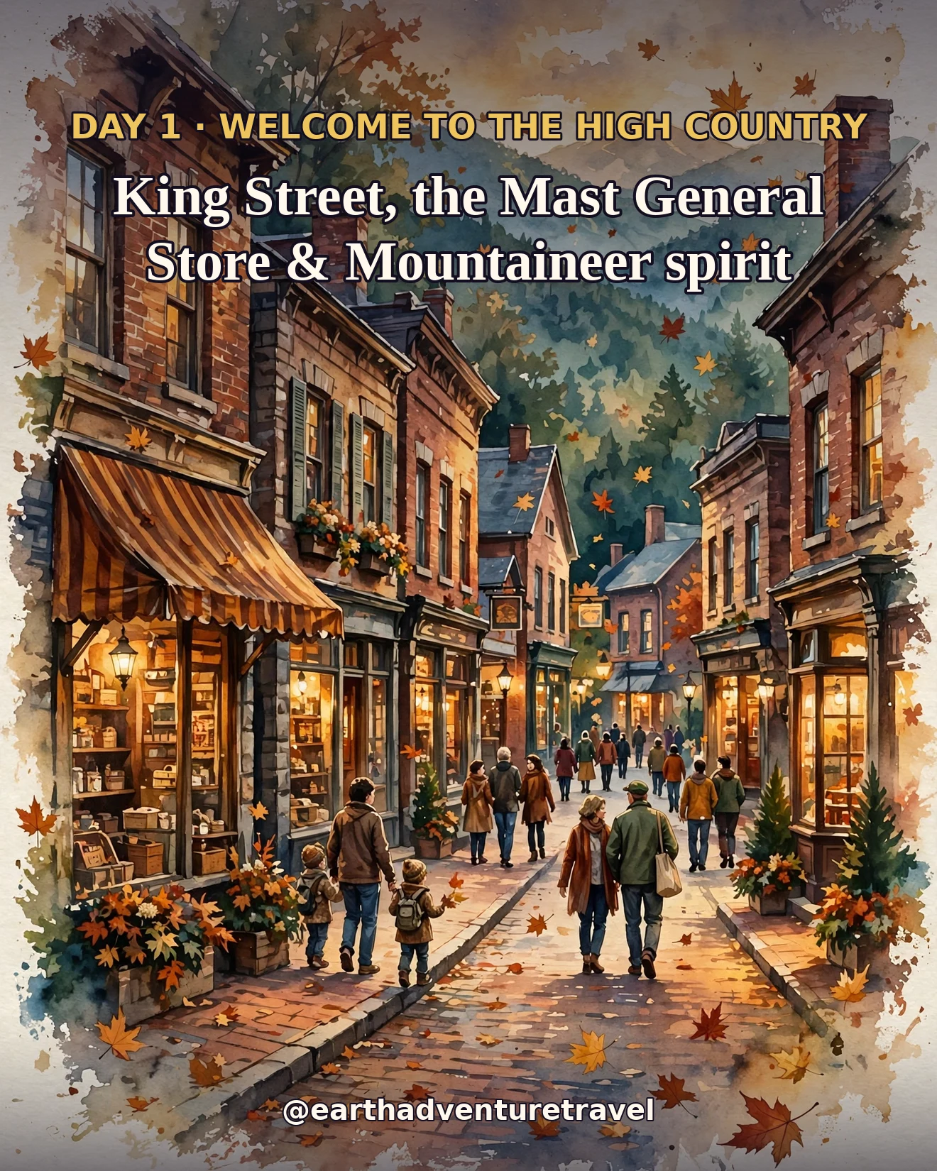 Day 1 itinerary card: a painterly mountain-town main street at golden hour