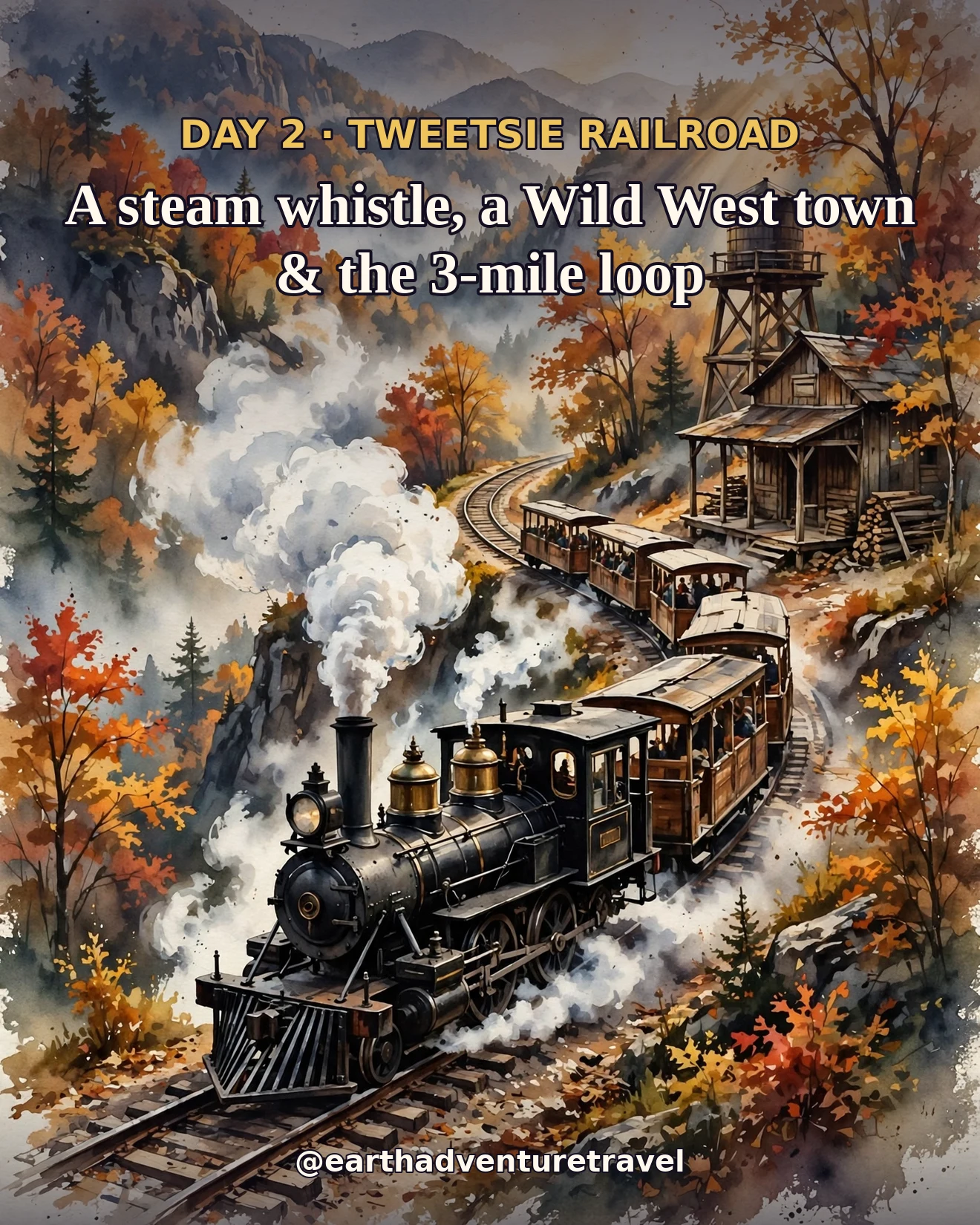 Day 2 itinerary card: a painterly steam locomotive rounding a mountain curve