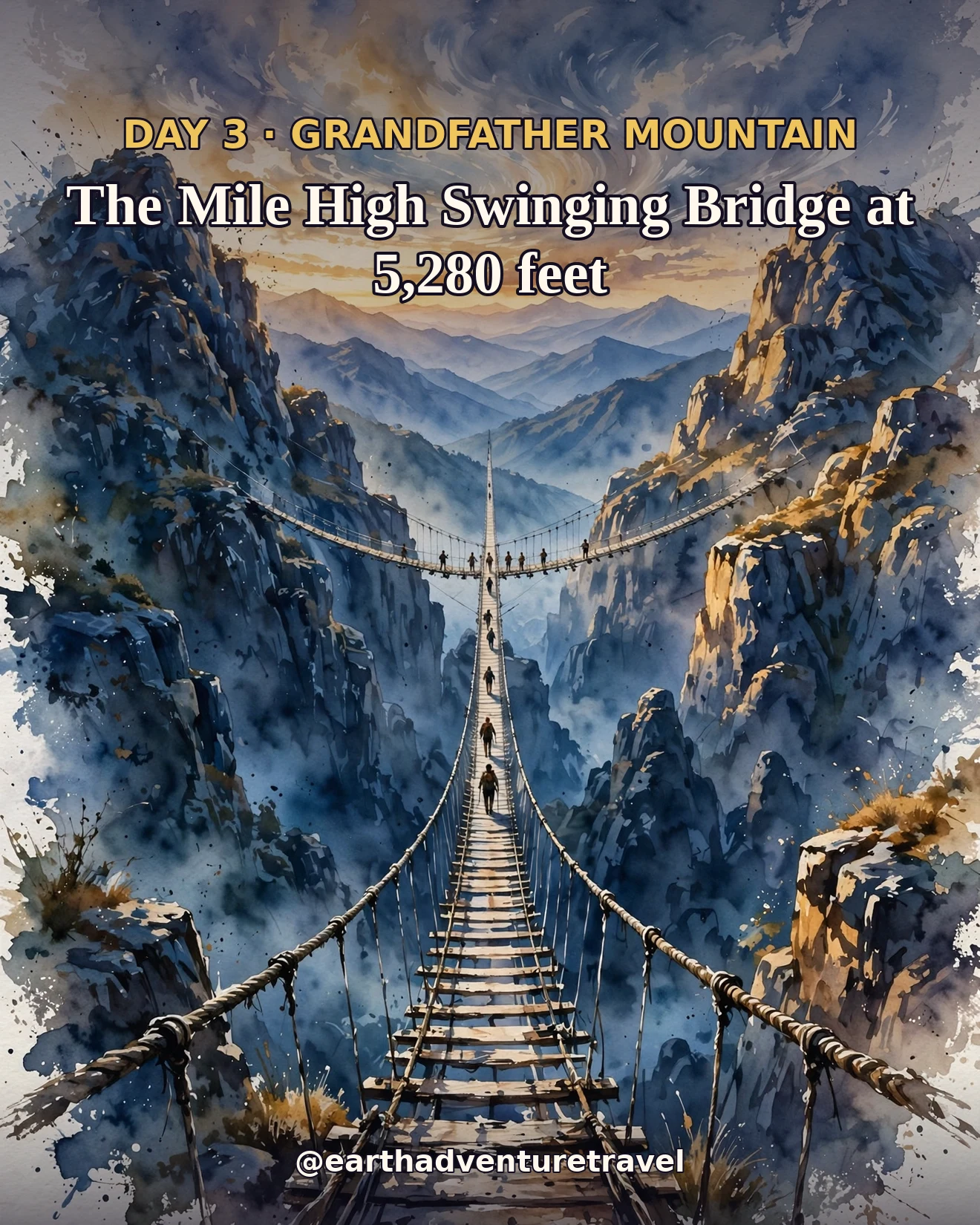 Day 3 itinerary card: a painterly suspension bridge spanning a rocky chasm between peaks