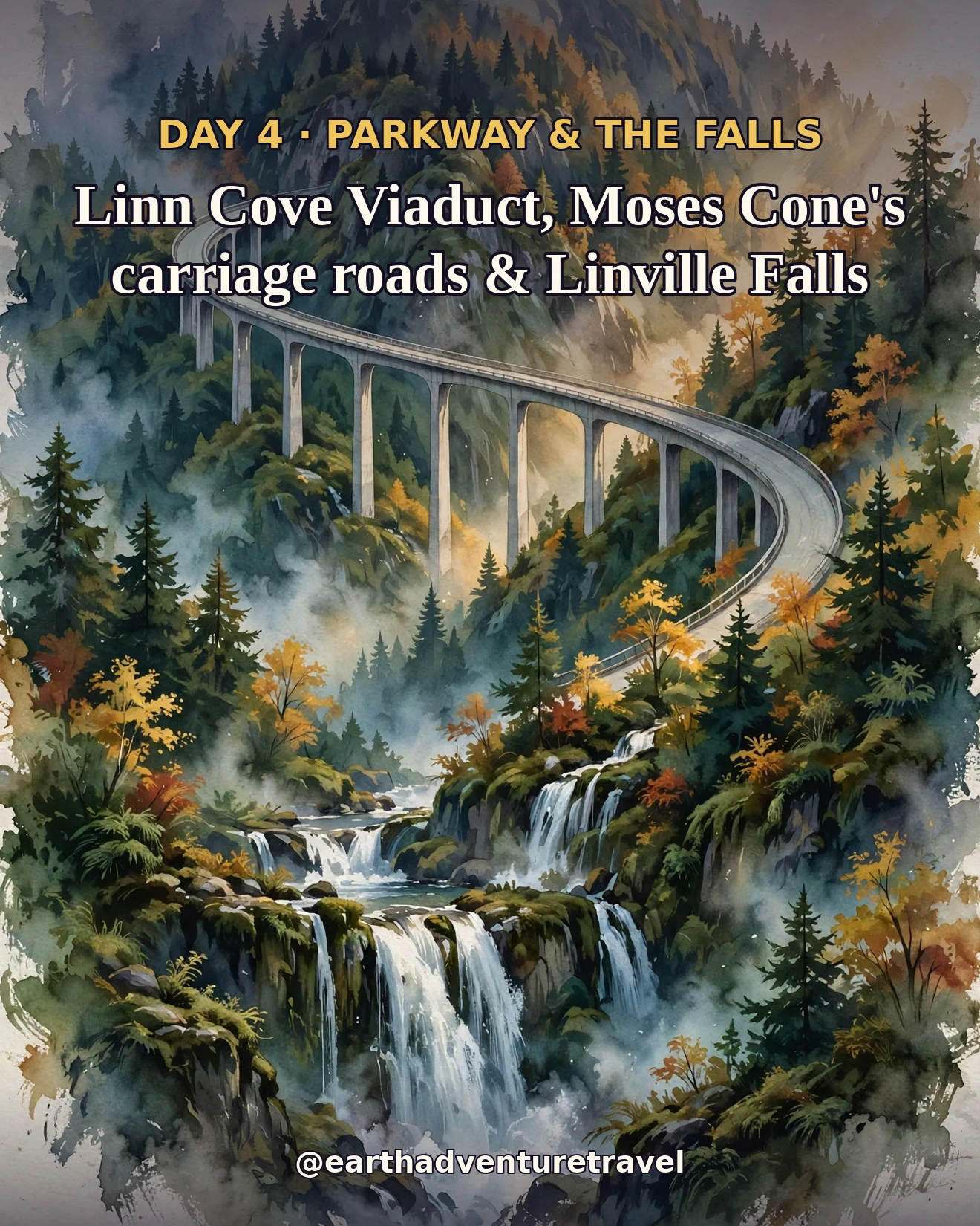 Day 4 itinerary card: a painterly viaduct curving around a forested mountainside above a waterfall