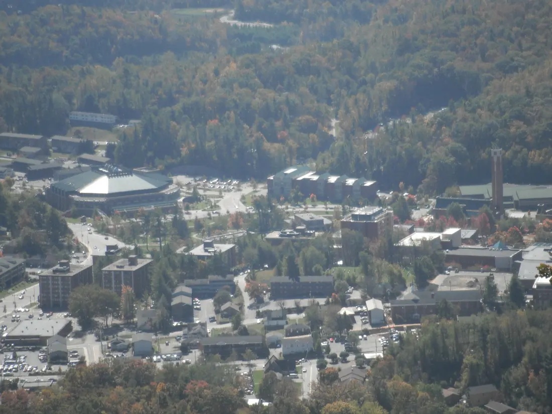 Appalachian State University campus seen from Howard's Knob, fall color on the ridges