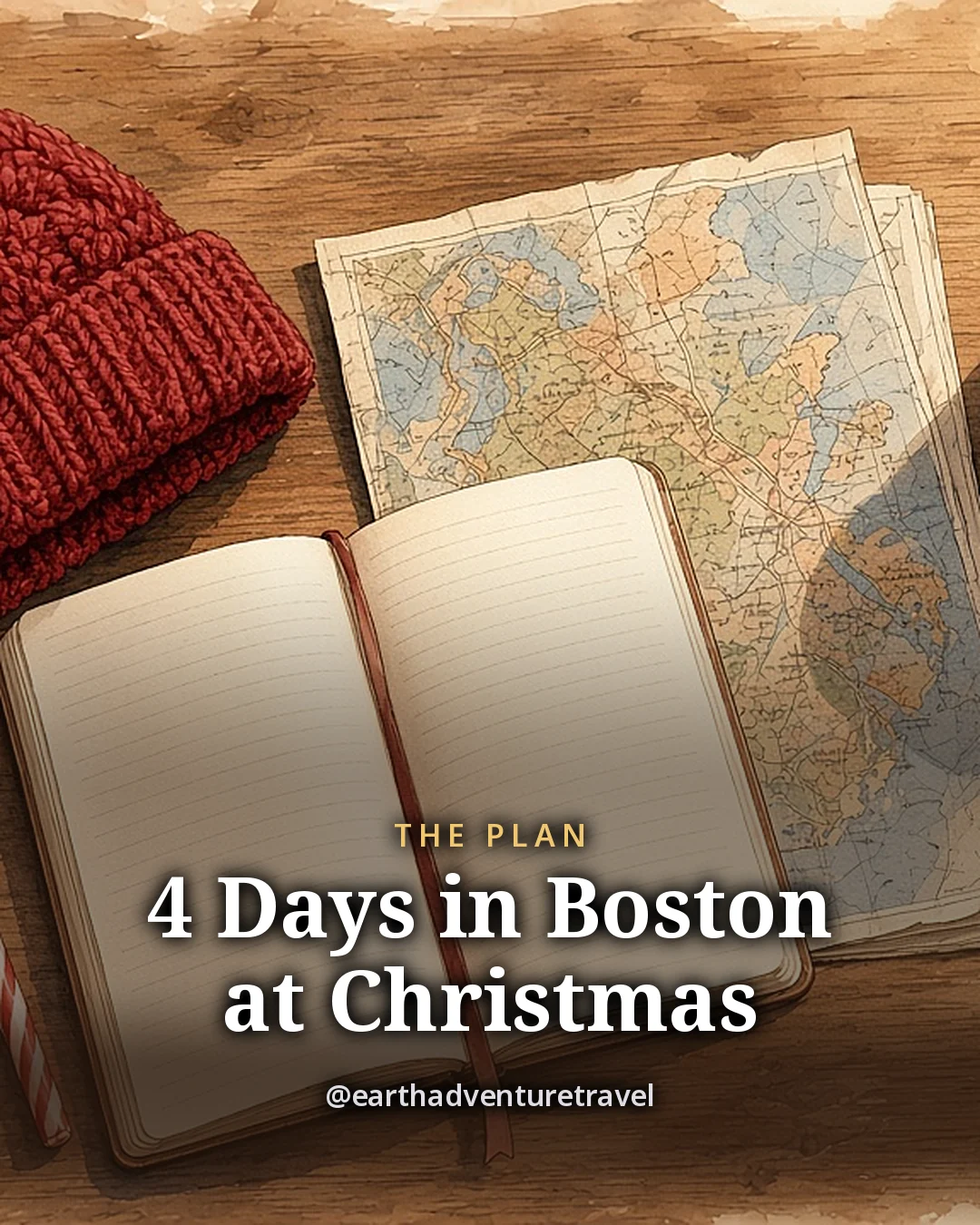 Illustration: a red knit hat, a small wooden nutcracker, a candy cane, a mug of cocoa with marshmallows, a folded city map, a notebook and a pine sprig on a wooden table, original illustrated plan card for 4 days in Boston at Christmas