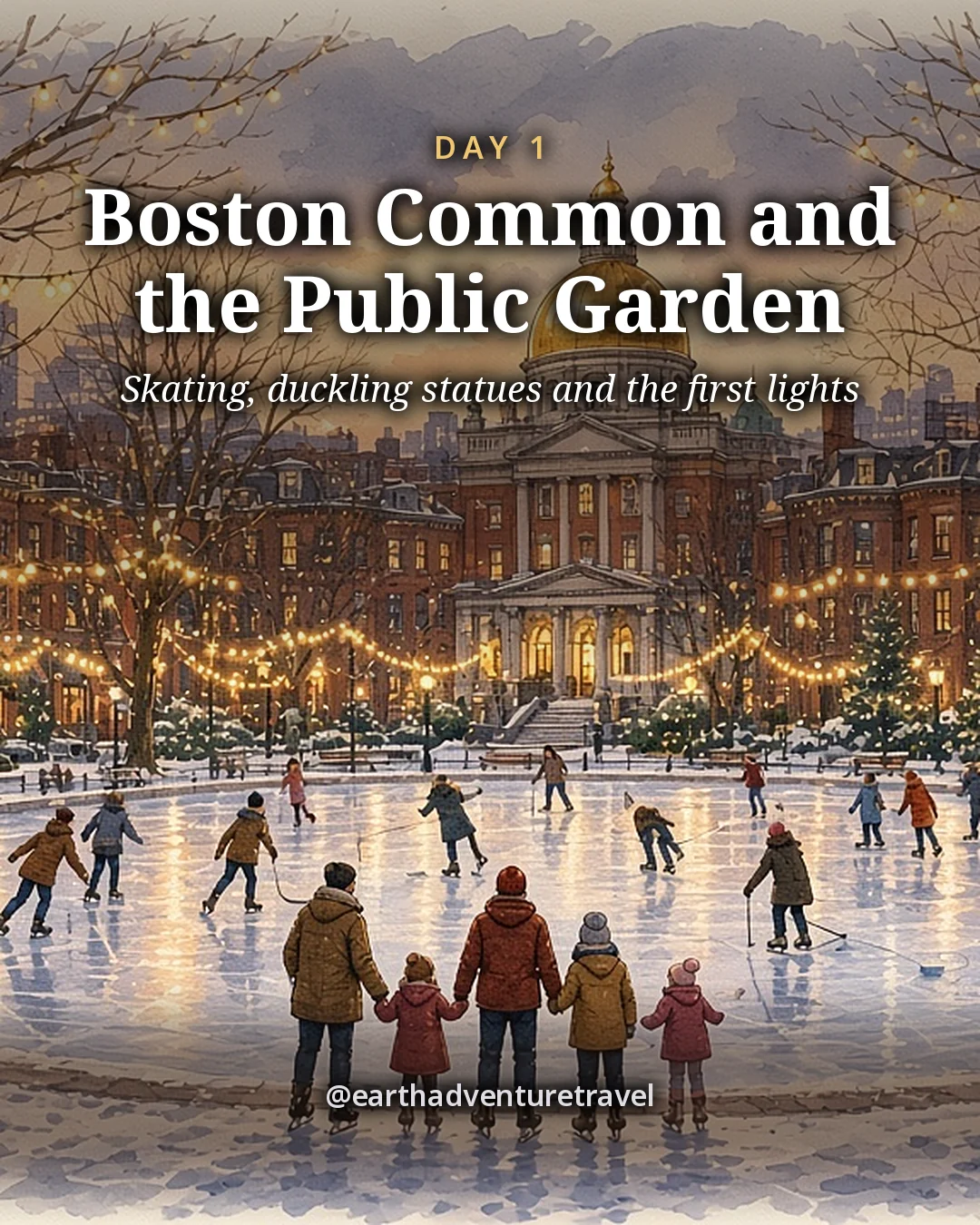 Illustration: skaters on the Frog Pond on snowy Boston Common under bare elms strung with warm lights, with the gold dome and brick rowhouses beyond, illustrated day card for Day 1