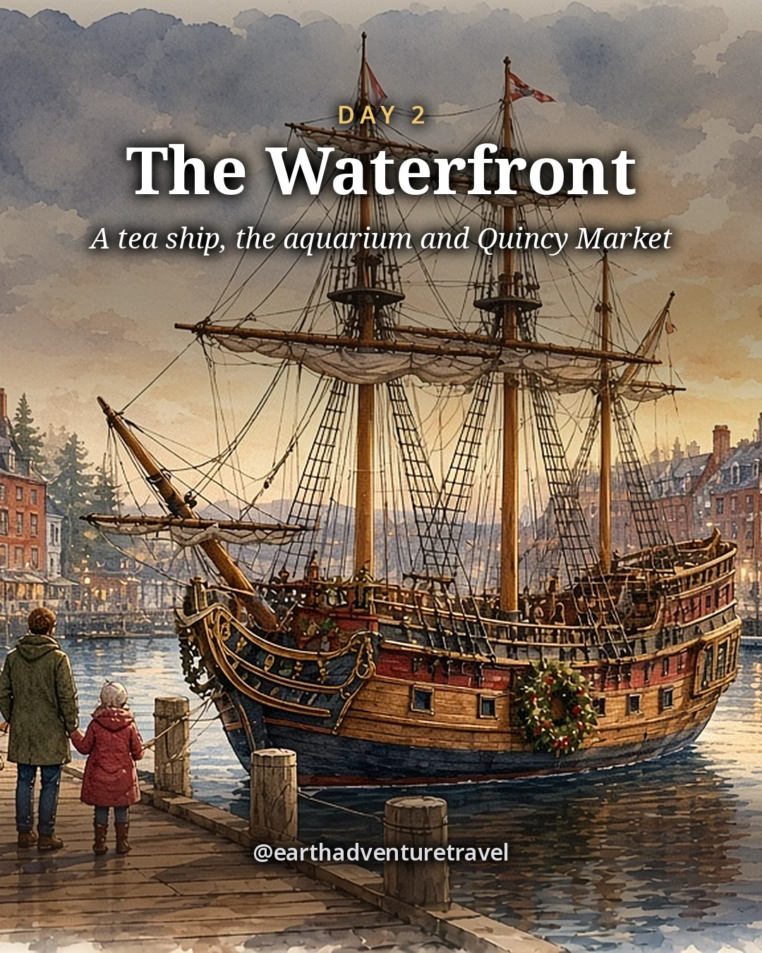 Illustration: a wooden tall ship moored at a wharf on a harbor channel at sunset, with brick warehouses and a gaslamp hung with a wreath, illustrated day card for Day 2