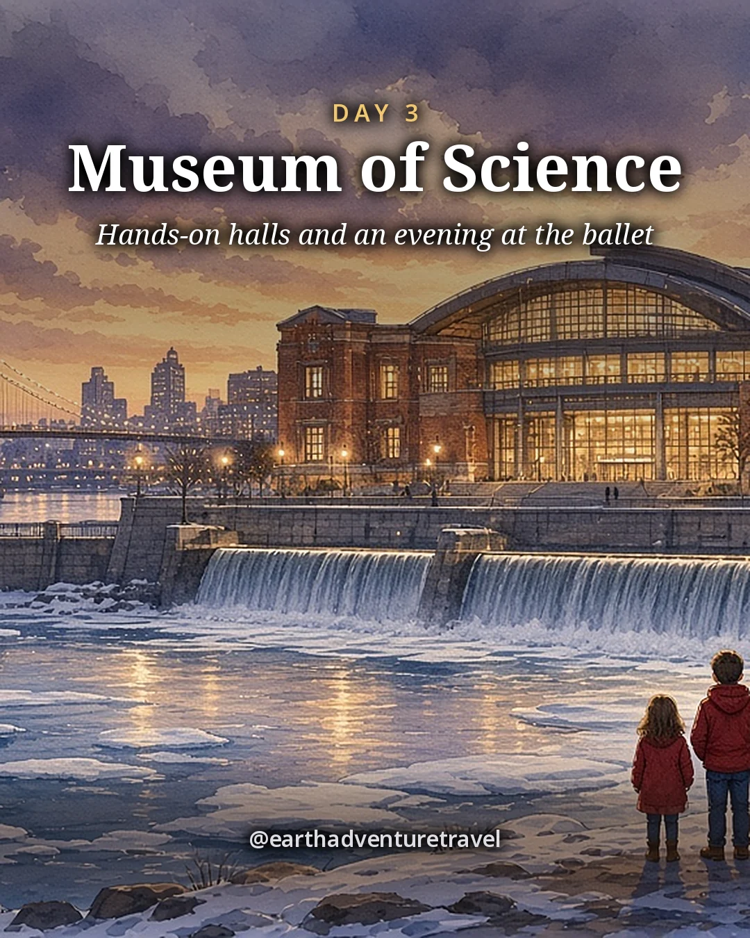 Illustration: a broad glass-fronted museum on a dam across a wintry river at dusk, with a family in red coats on the snowy bank, illustrated day card for Day 3