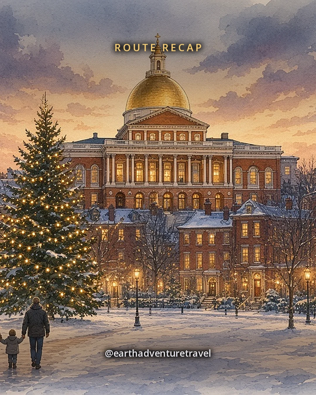 Illustration: the gold-domed State House above a snowy Common at dusk, with lit windows, gaslamps and a tall evergreen hung with warm lights, original illustrated recap card