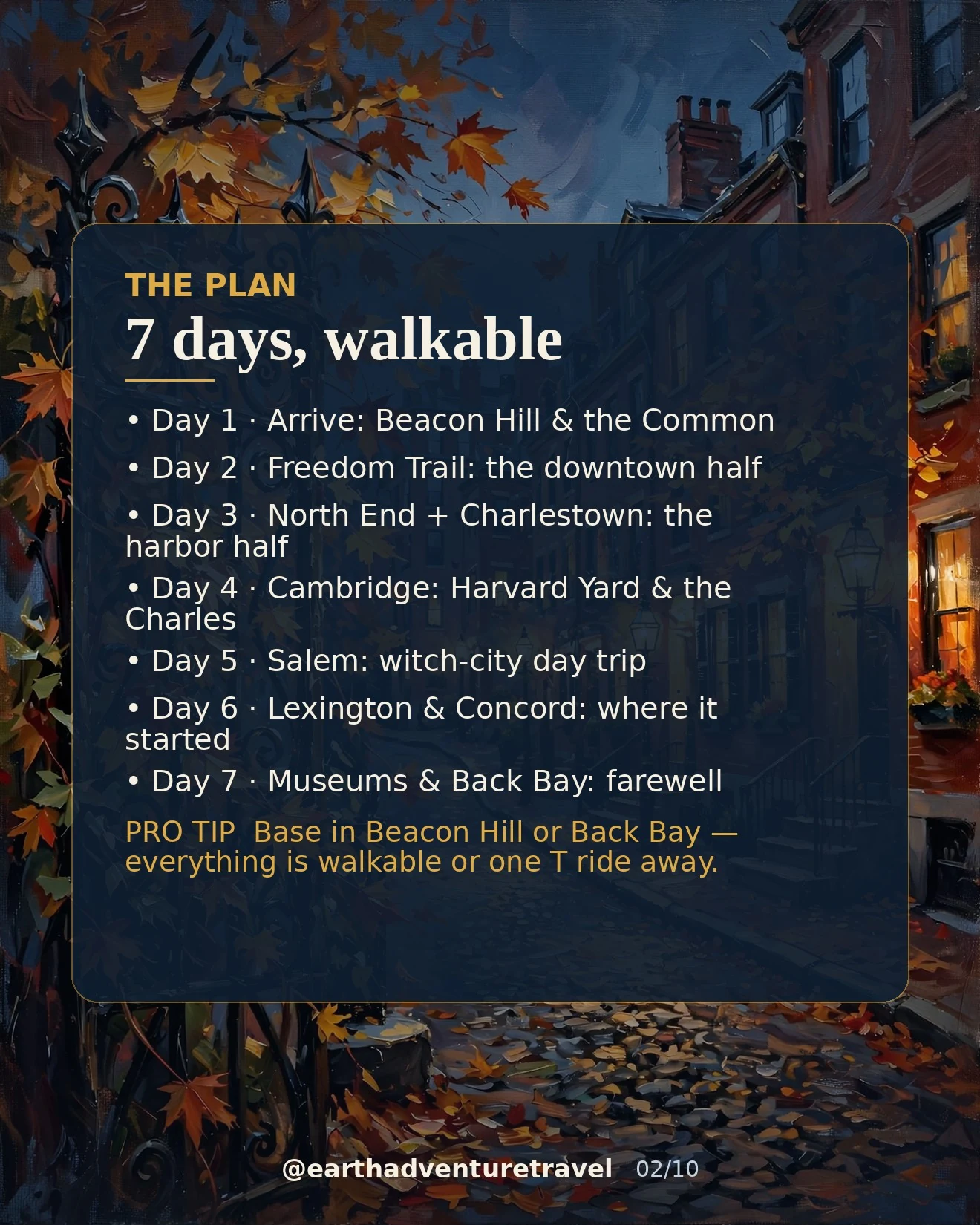 Illustrated seven-day Boston fall route plan