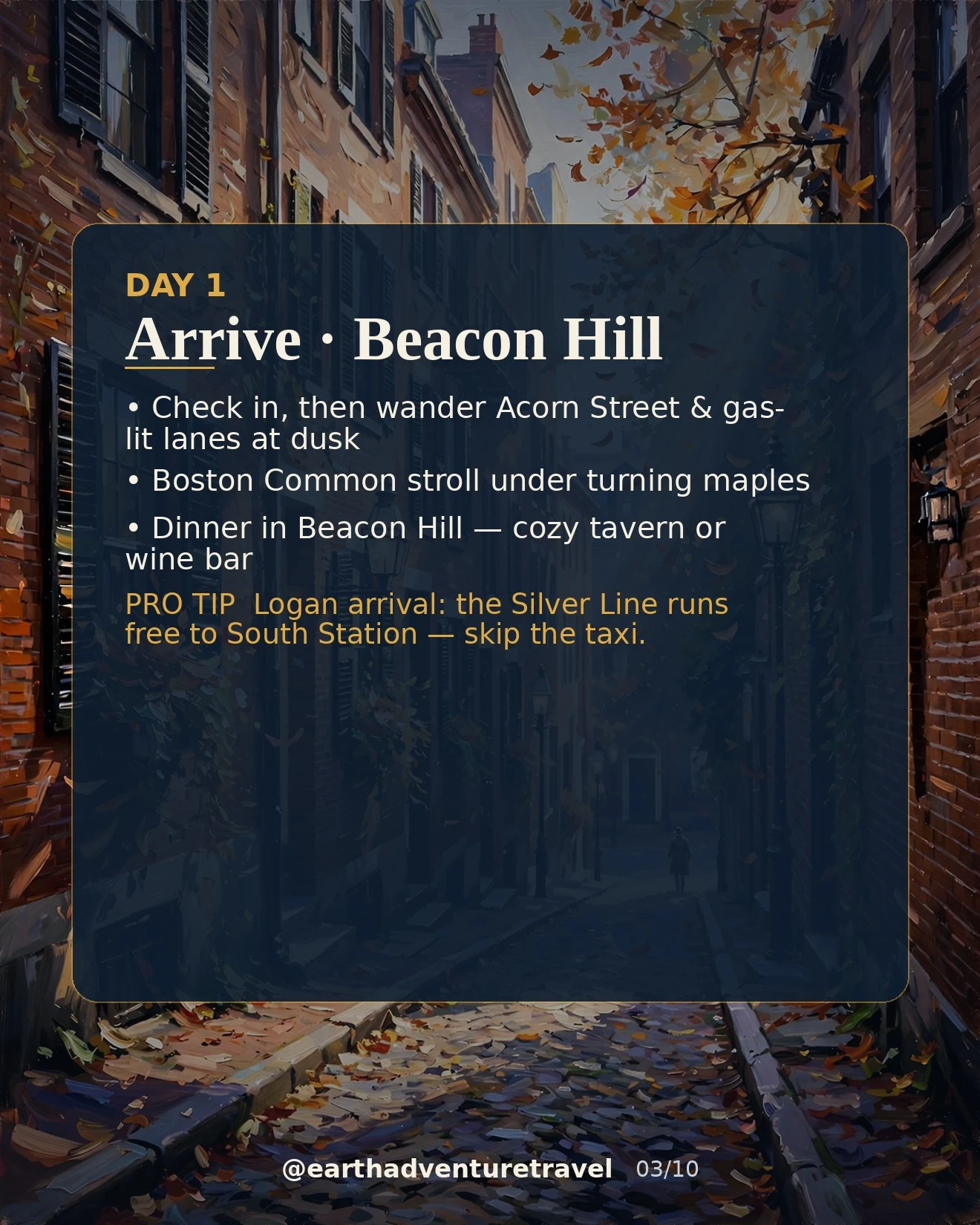 Day 1 graphic: arriving in Beacon Hill among gas-lit cobblestone lanes