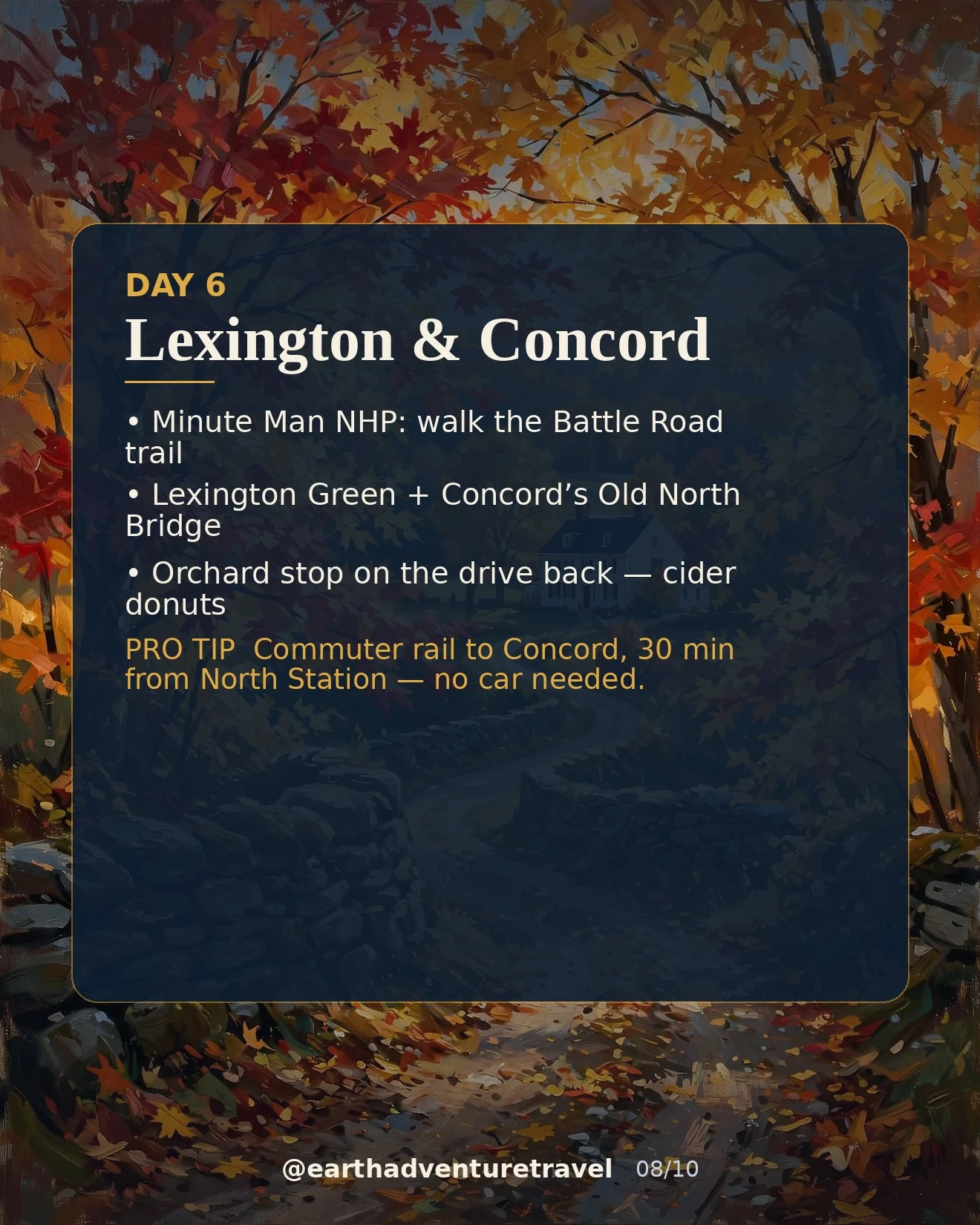 Day 6 graphic: a country road in Lexington and Concord in peak fall