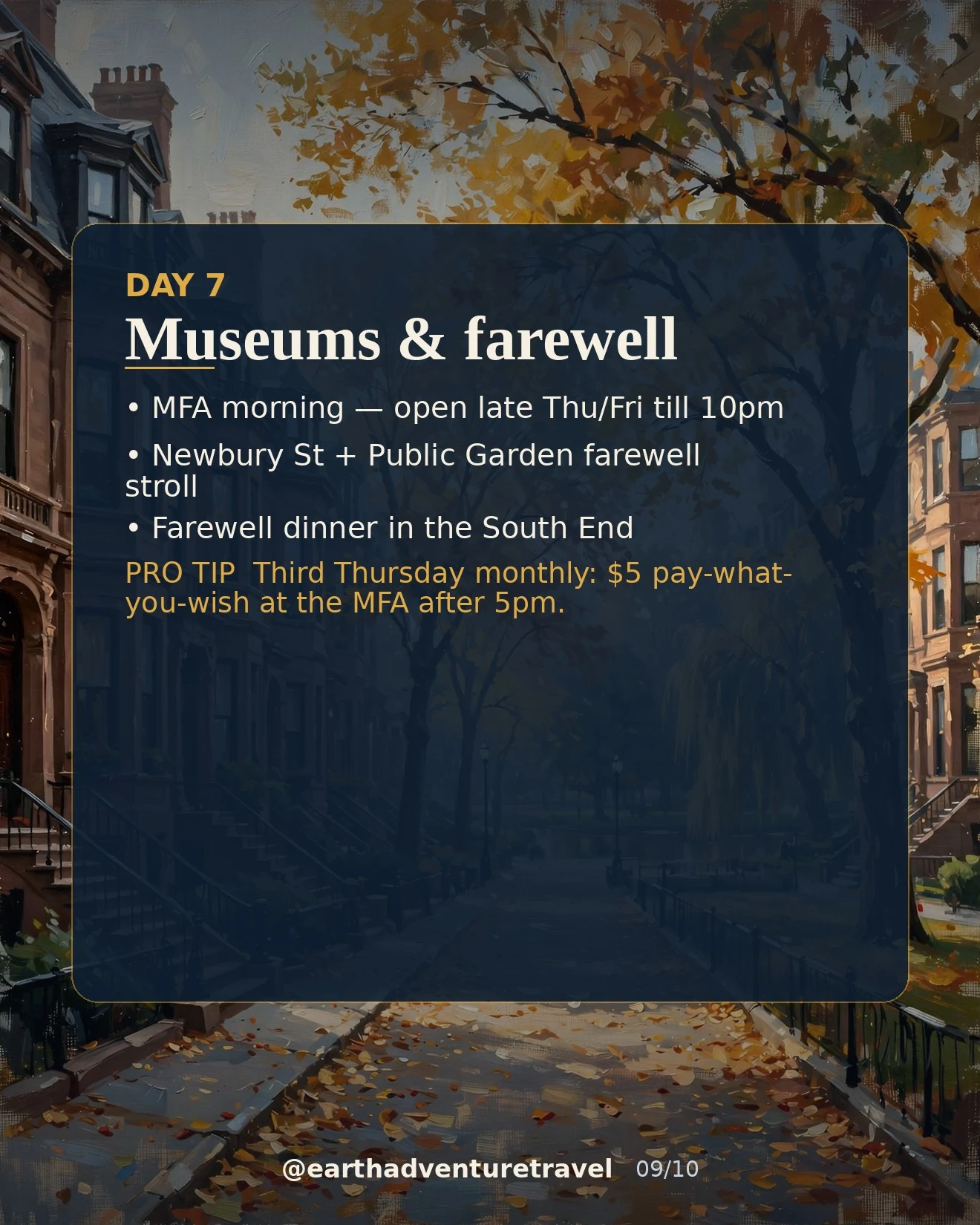 Day 7 graphic: Back Bay brownstones and the Public Garden in autumn