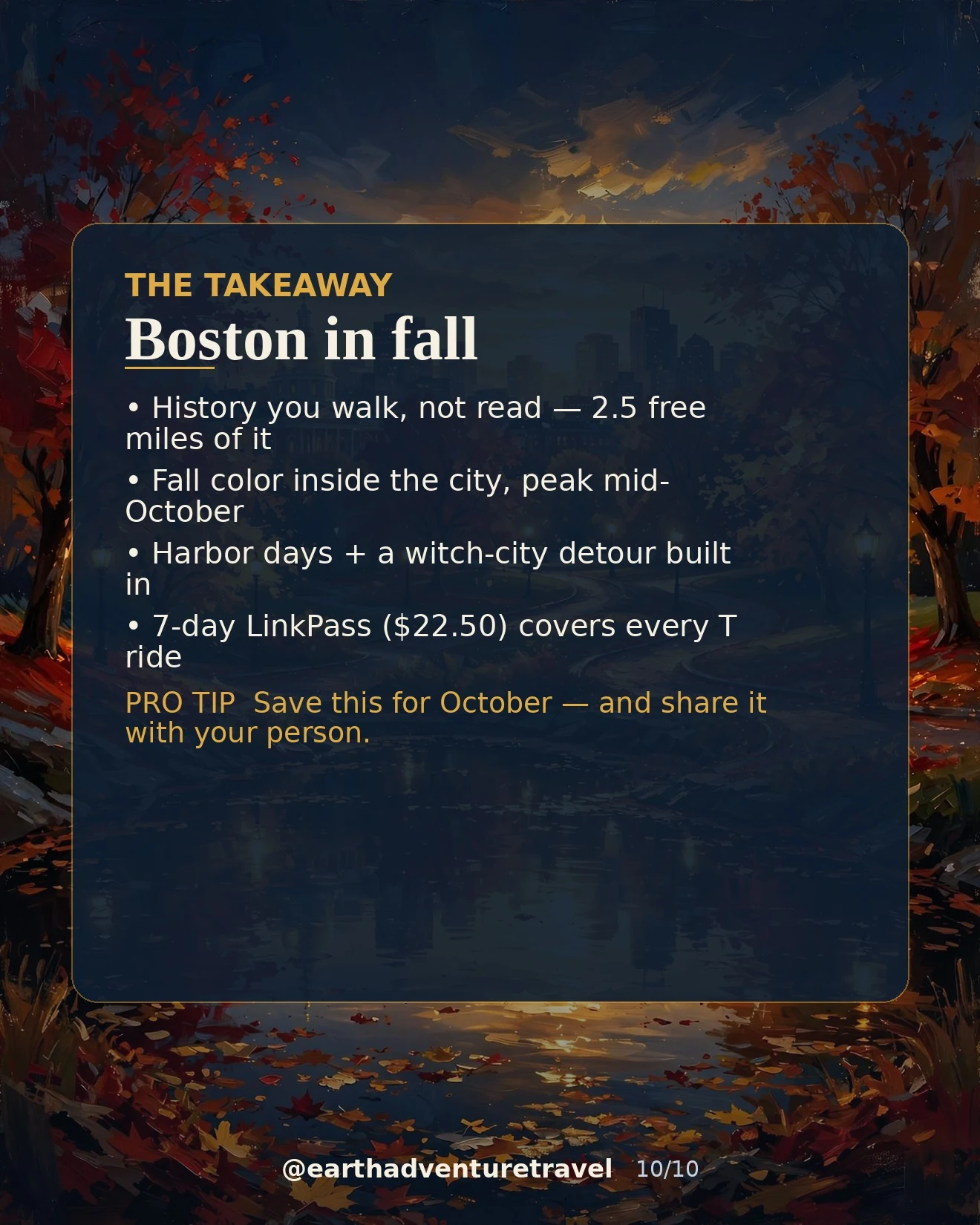 Saveable recap graphic for the seven-day Boston fall couples route