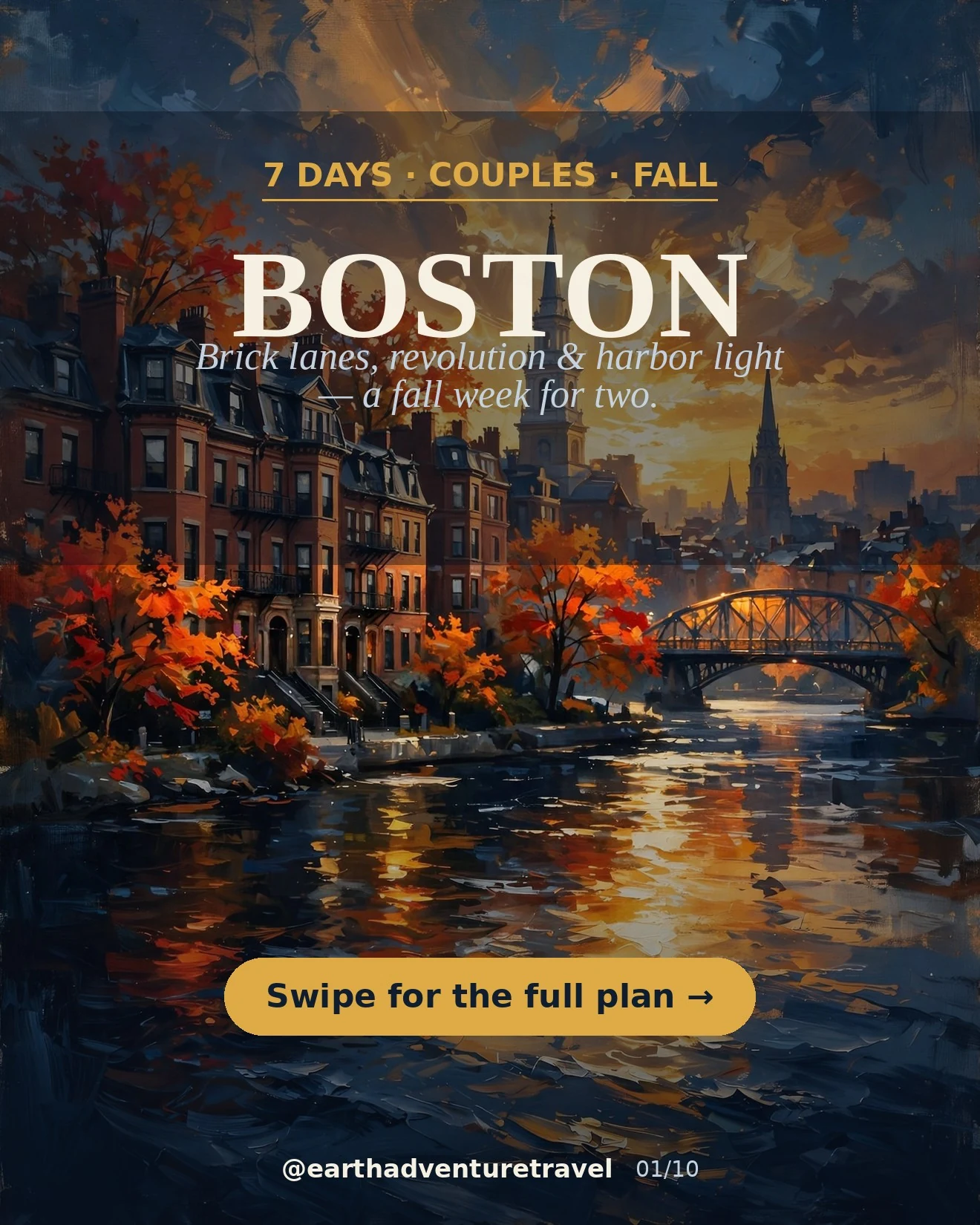 Illustrated Boston fall guide cover: brick brownstones, church spires, and the Charles River in autumn