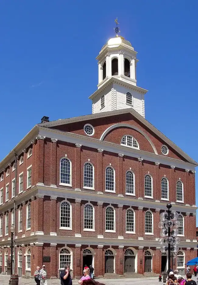 Faneuil Hall's brick facade and cupola on the Freedom Trail