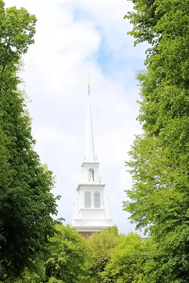 The white steeple of Old North Church between trees