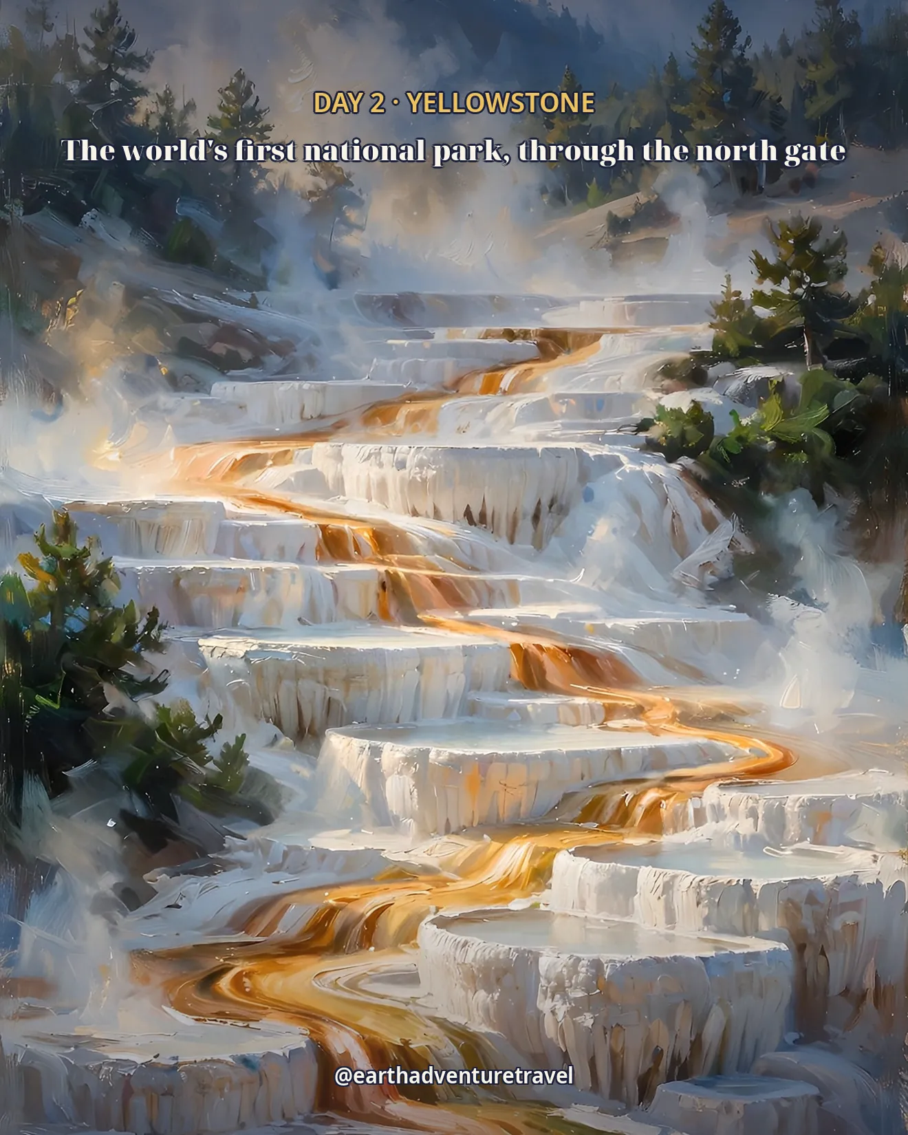 Day 2 itinerary card: steaming travertine terraces in Yellowstone