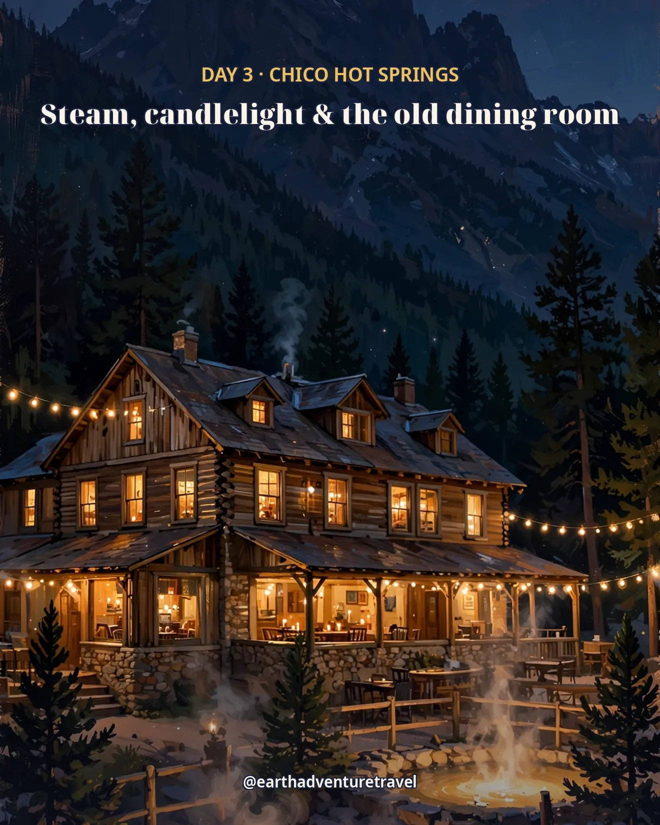 Day 3 itinerary card: a historic hot-springs lodge steaming at night