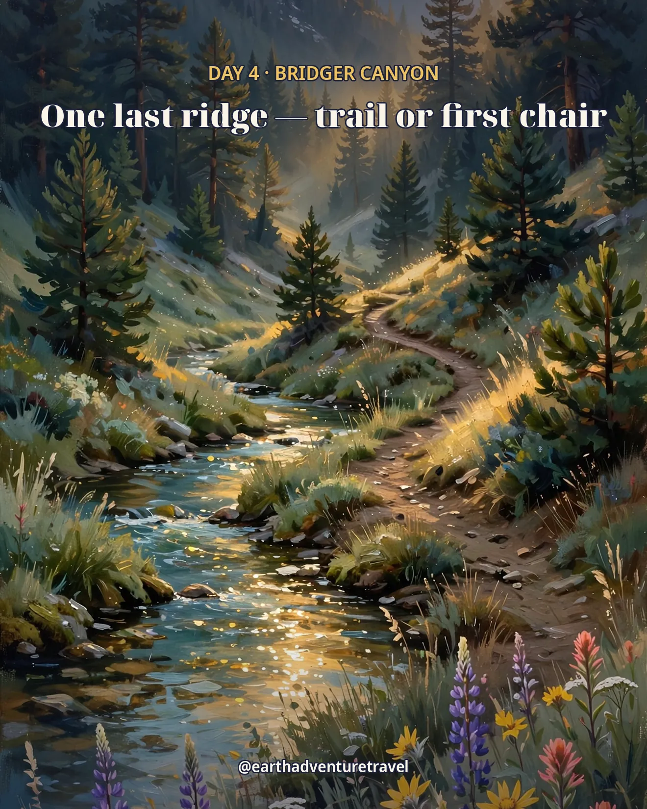 Day 4 itinerary card: a Montana canyon trail in golden light