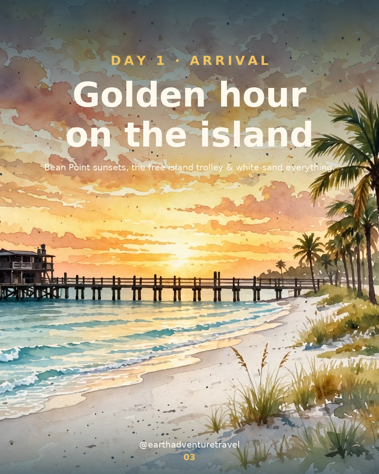 Day 1 itinerary card: golden hour on Anna Maria Island