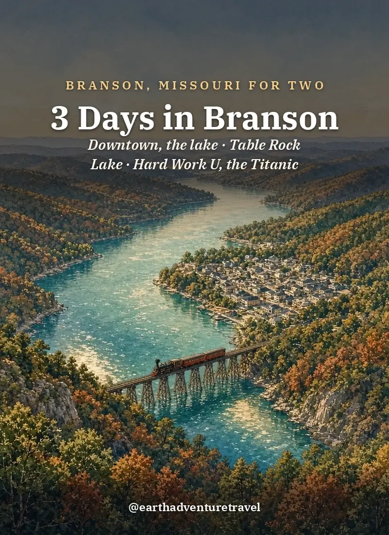 Original Illustration: Ozark hills above Lake Taneycomo with a small steam train crossing a trestle in Branson, Missouri
