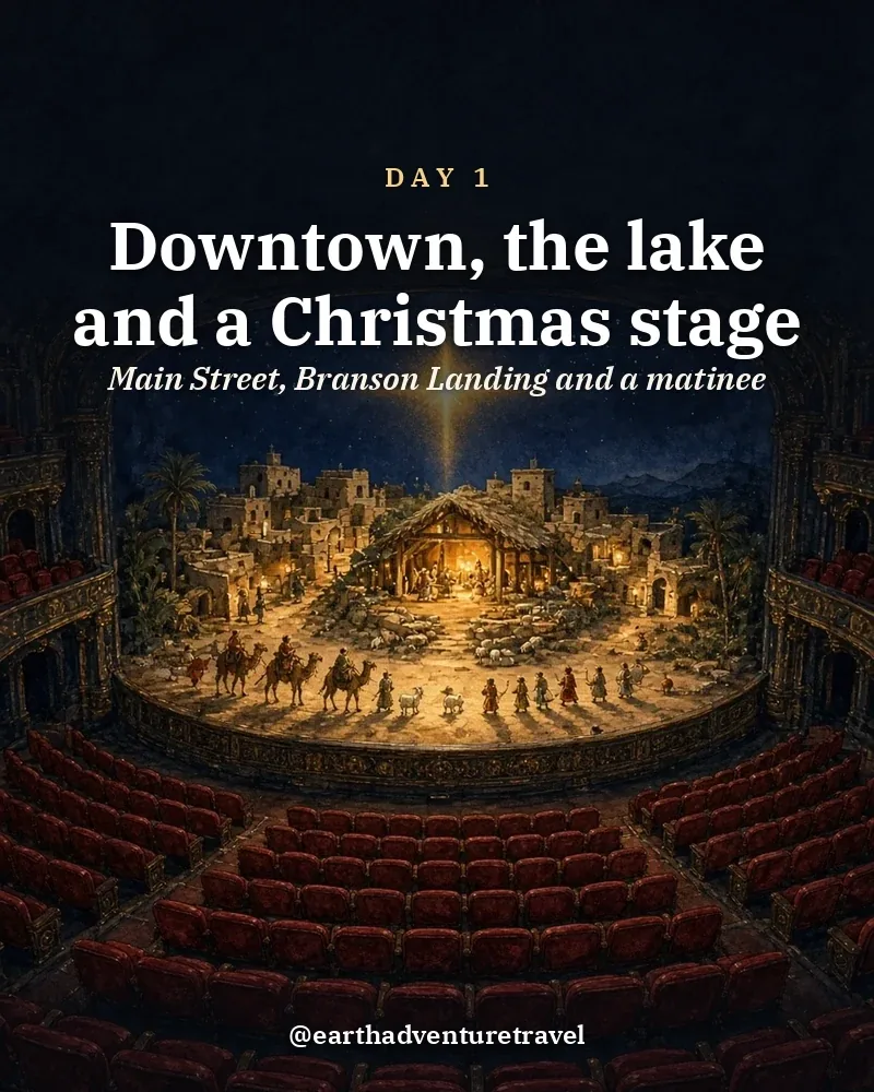 Illustrated day card: Main Street, Branson Landing and a matinee